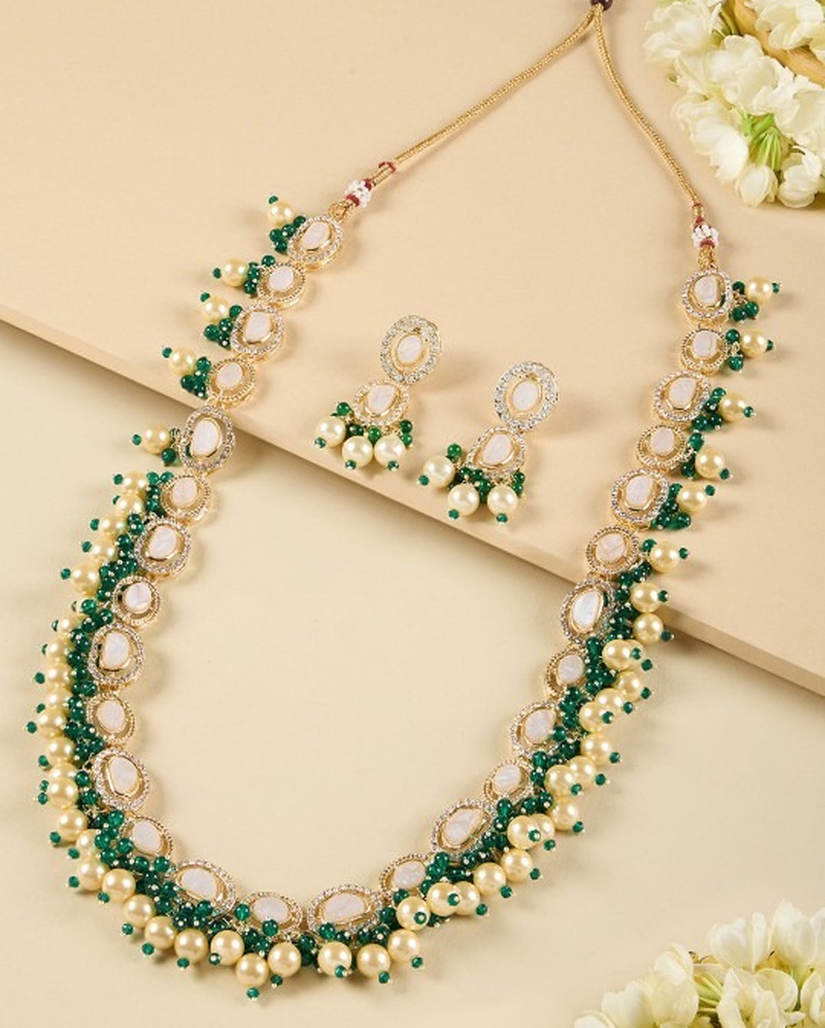 Jewel City Indian Kundan Gold-Plated Austrian Diamonds Studded & Beaded Jewellery Set