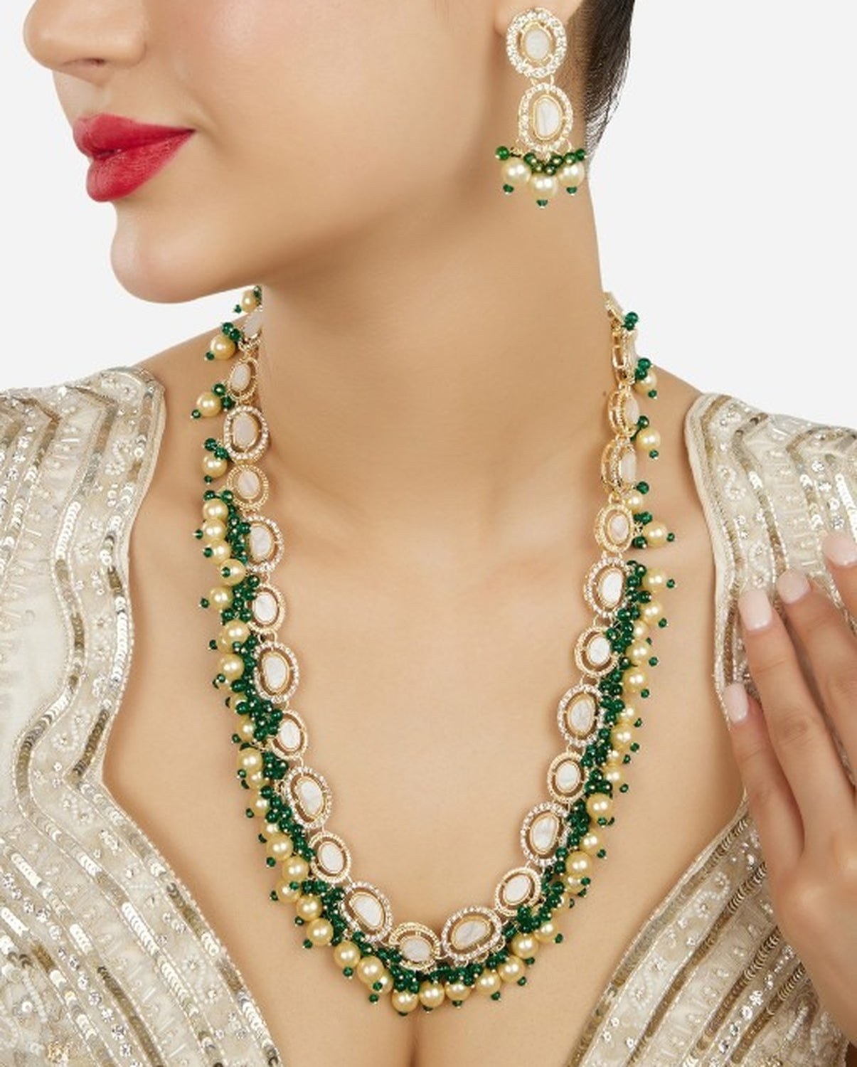 Jewel City Indian Kundan Gold-Plated Austrian Diamonds Studded & Beaded Jewellery Set