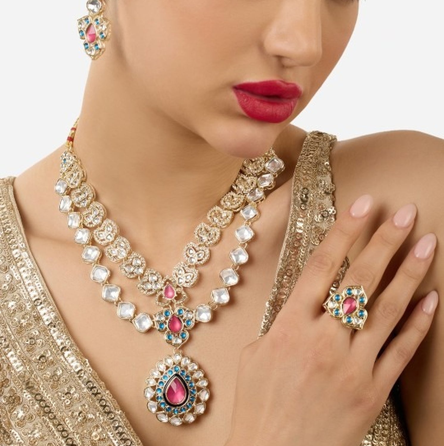 Jewel City Designer Kundan Necklace Set with Earrings & Ring | Gold-Plated Dual Layer Bridal Jewelry - Distacart