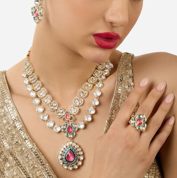 Jewel City Designer Kundan Necklace Set with Earrings & Ring | Gold-Plated Dual Layer Bridal Jewelry - Distacart