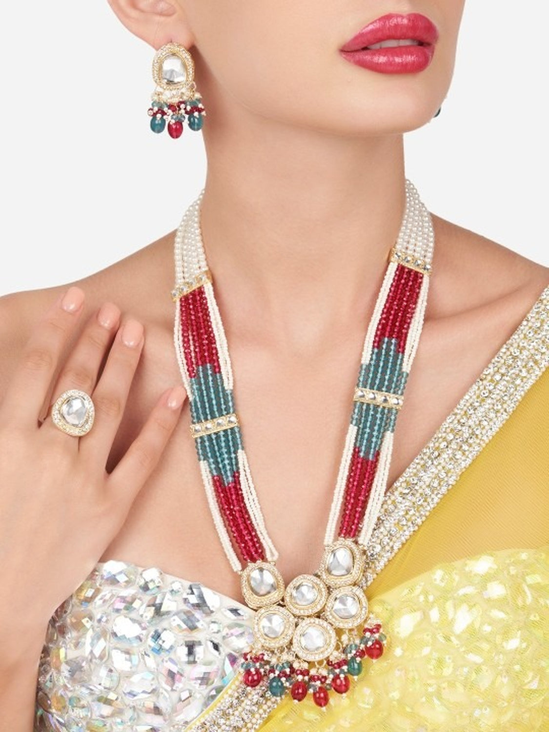Jewel City Multicolor Beaded Kundan Necklace Set with Earrings Pearl Layered Traditional Gold-Plated Jewelry Set