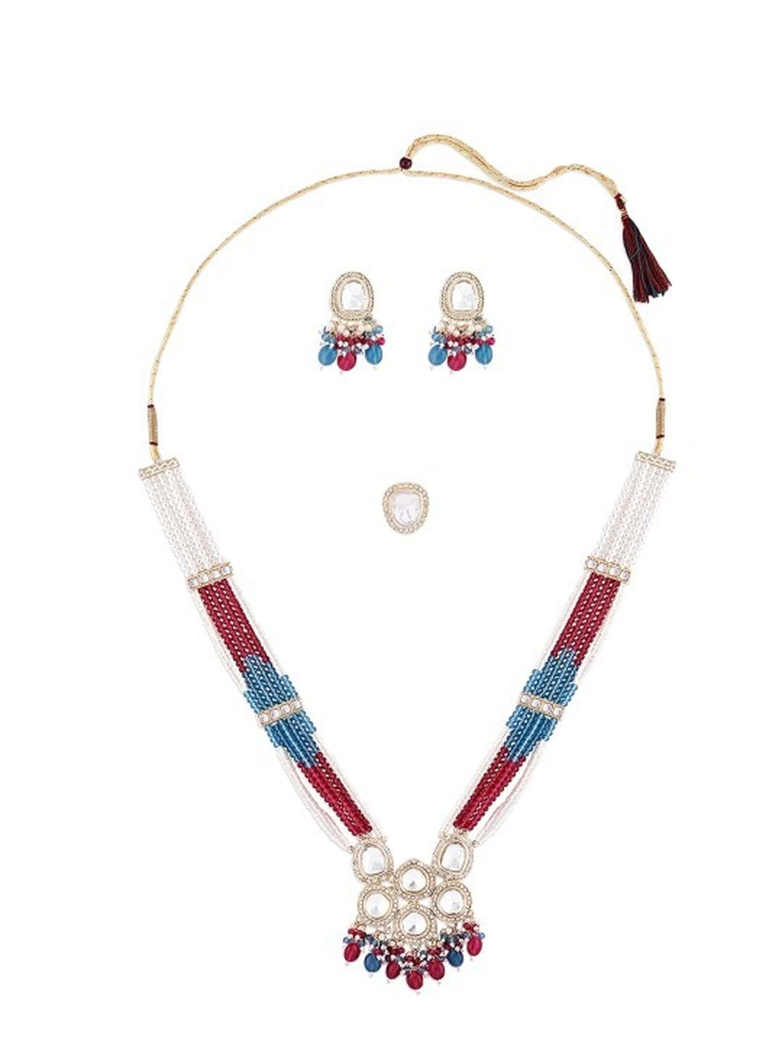 Jewel City Multicolor Beaded Kundan Necklace Set with Earrings Pearl Layered Traditional Gold-Plated Jewelry Set