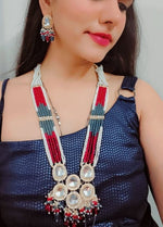 Thumbnail for Jewel City Multicolor Beaded Kundan Necklace Set with Earrings Pearl Layered Traditional Gold-Plated Jewelry Set