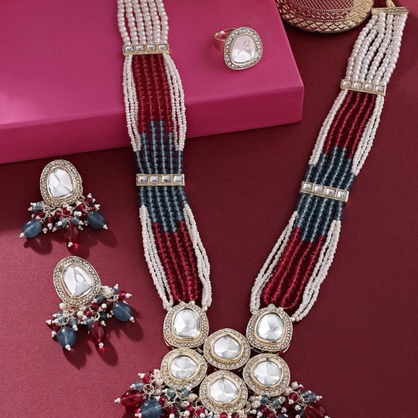 Jewel City Multicolor Beaded Kundan Necklace Set with Earrings Pearl Layered Traditional Gold-Plated Jewelry Set - Distacart