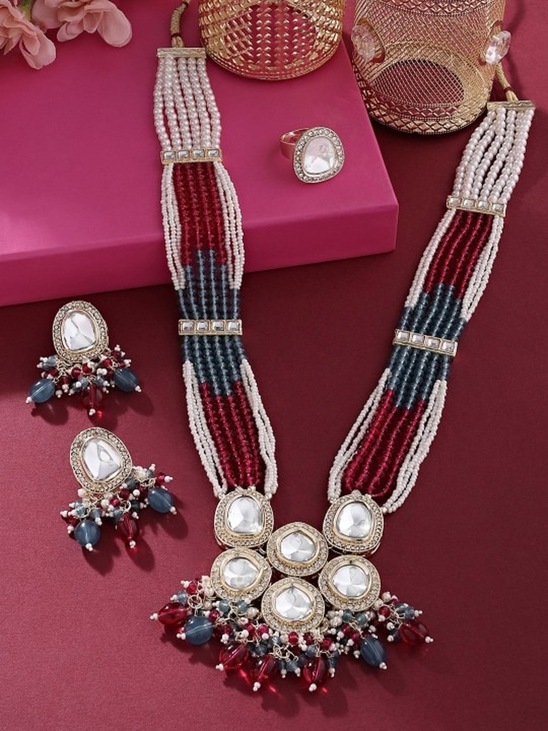 Jewel City Multicolor Beaded Kundan Necklace Set with Earrings Pearl Layered Traditional Gold-Plated Jewelry Set - Distacart