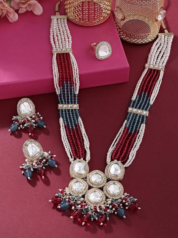 Jewel City Multicolor Beaded Kundan Necklace Set with Earrings Pearl Layered Traditional Gold-Plated Jewelry Set - Distacart