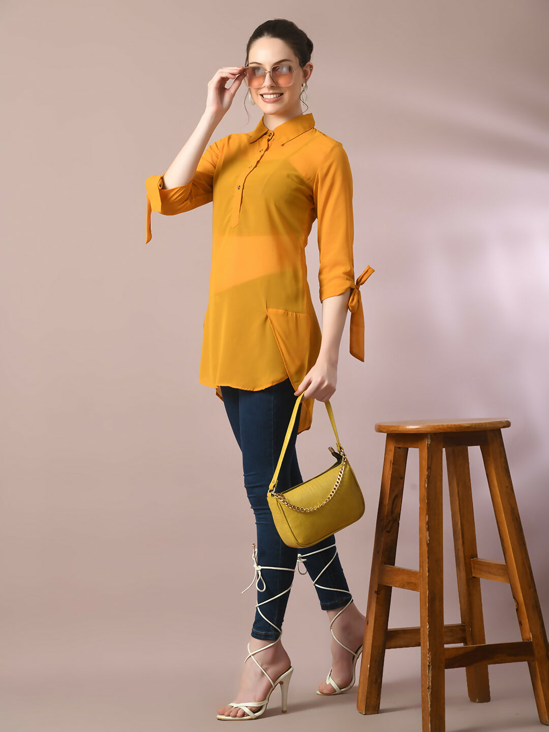 Myshka Women's Yellow Solid Georgette Longline Party Sheer Tunic - Distacart