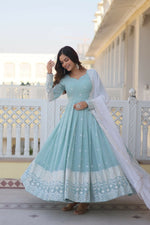 Thumbnail for Jyoti Fashion Women's Turquoise Faux Georgette Sequins Thread Embroidery Anarkali Dress with Dupatta - Distacart