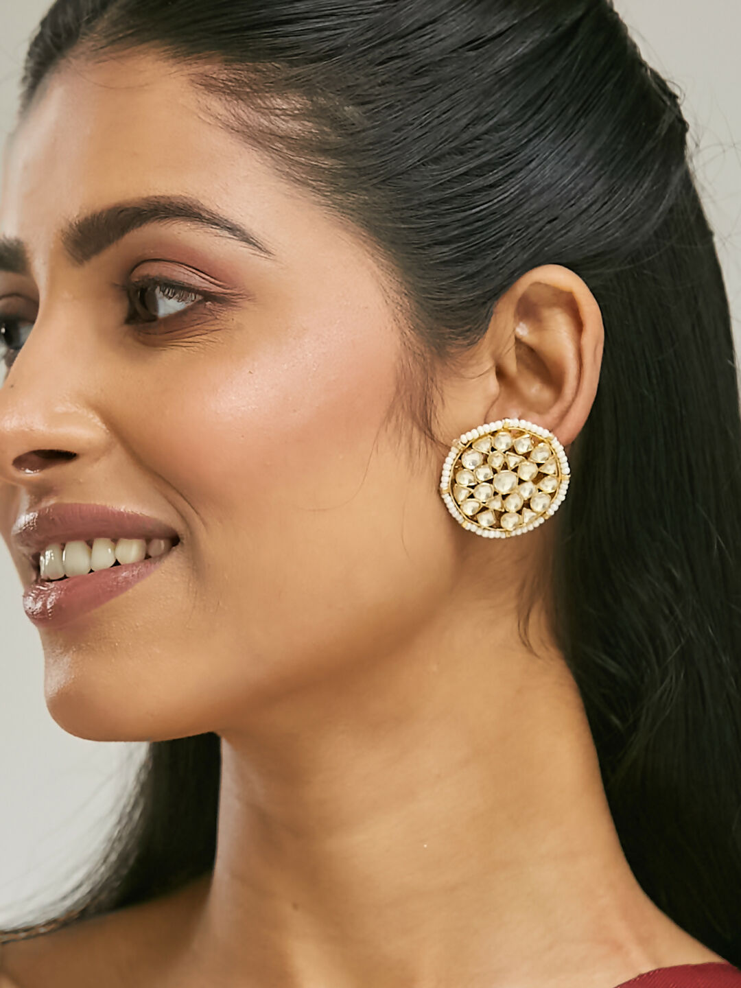 Nuyug 22K Gold-Plated Elegant Kundan Stone Studded & Pearl Beaded Disc Studs