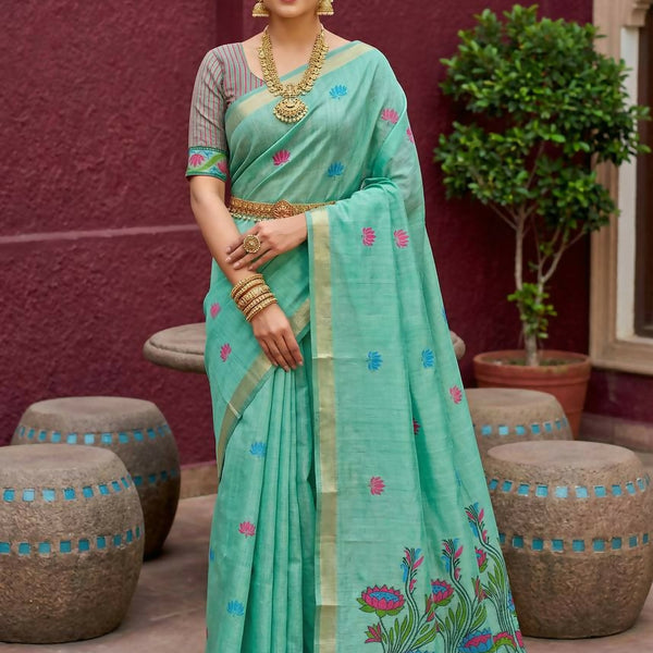Vastranavya Sky Blue Muga Cotton Meenakari & Azarakh Pallu Saree with Contrast Blouse - Distacart