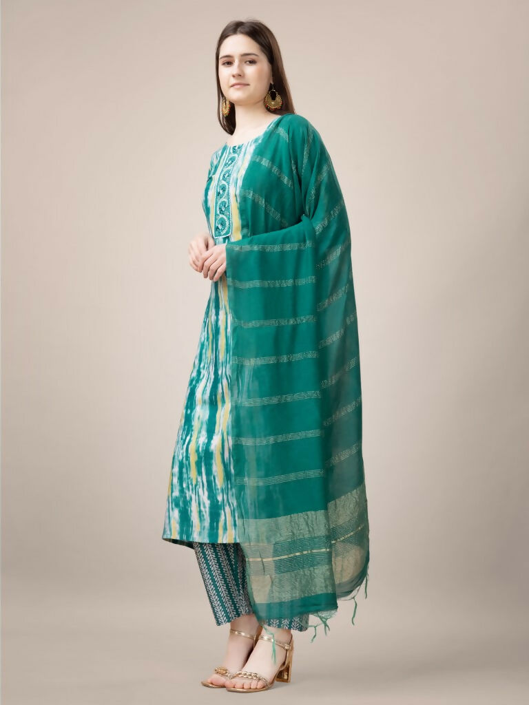 Jyoti Fashion Women's Teal Rayon Print with Embroidery & Fancy Lace Work Kurta with Trouser & Dupatta - Distacart