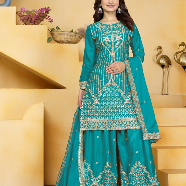 Teeya Creation Teal Color Natural Crepe Silk Wedding Wear Trending Palazzo Set - Distacart