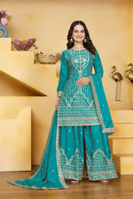 Thumbnail for Teeya Creation Teal Color Natural Crepe Silk Wedding Wear Trending Palazzo Set - Distacart