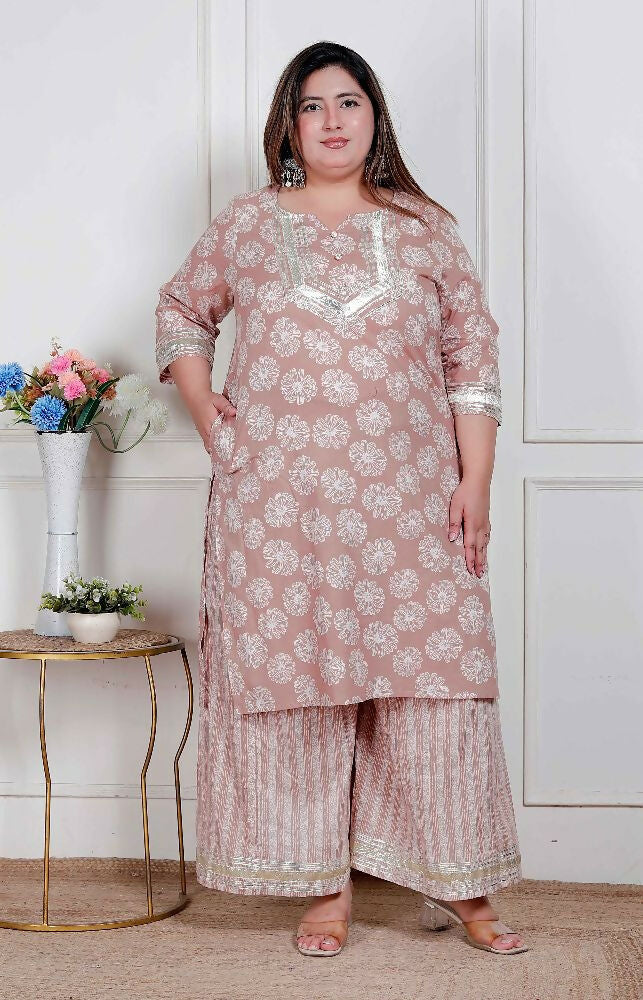 Miravan Plus Size Women Brown Floral Printed Straight Ethnic Kurta With Palazzo