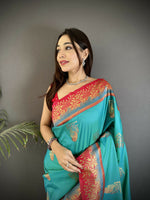 Thumbnail for Joban Fashion Aqua Green Banarasi Soft Silk Peacock Butta Work Saree - Distacart