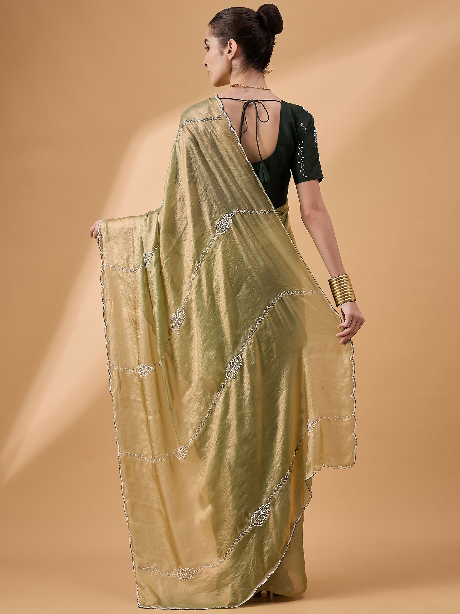 Green Muslin Embroidered Saree with Unstitched Blouse Piece - Satya - Distacart