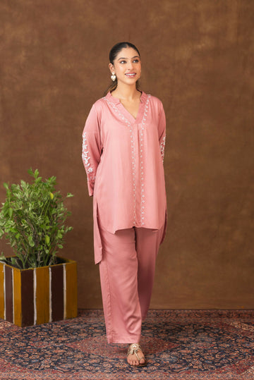 Gharana India Jashn Premium Women's Chikankari Embroidered Twilight Silk Co-ord Set - Onion Pink - Dista