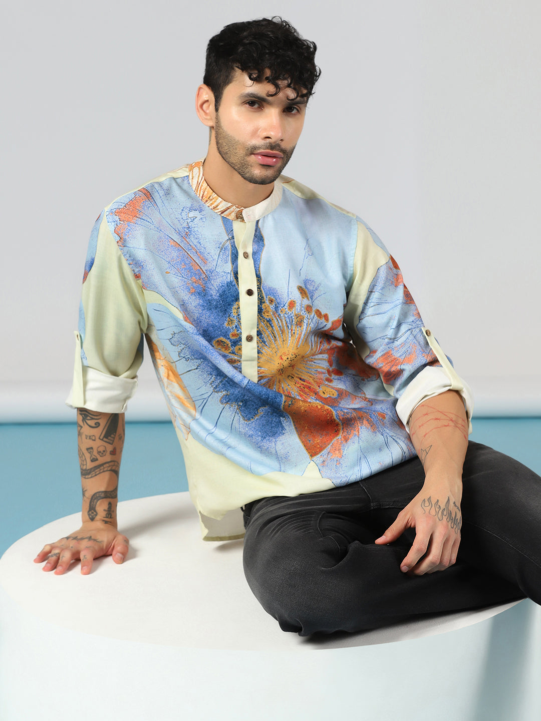 Zavaya Cream Floral Rayon Short Kurta for Men - Dista