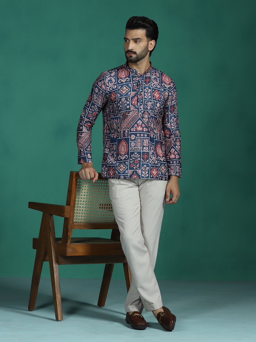 Zavaya Multicolor Ornamental Print Rayon Short Kurta for Men - Dista