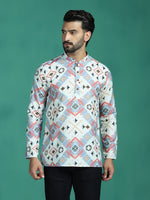 Thumbnail for Zavaya White Ethnic Motifs Rayon Short Kurta for Men