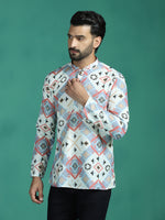 Thumbnail for Zavaya White Ethnic Motifs Rayon Short Kurta for Men