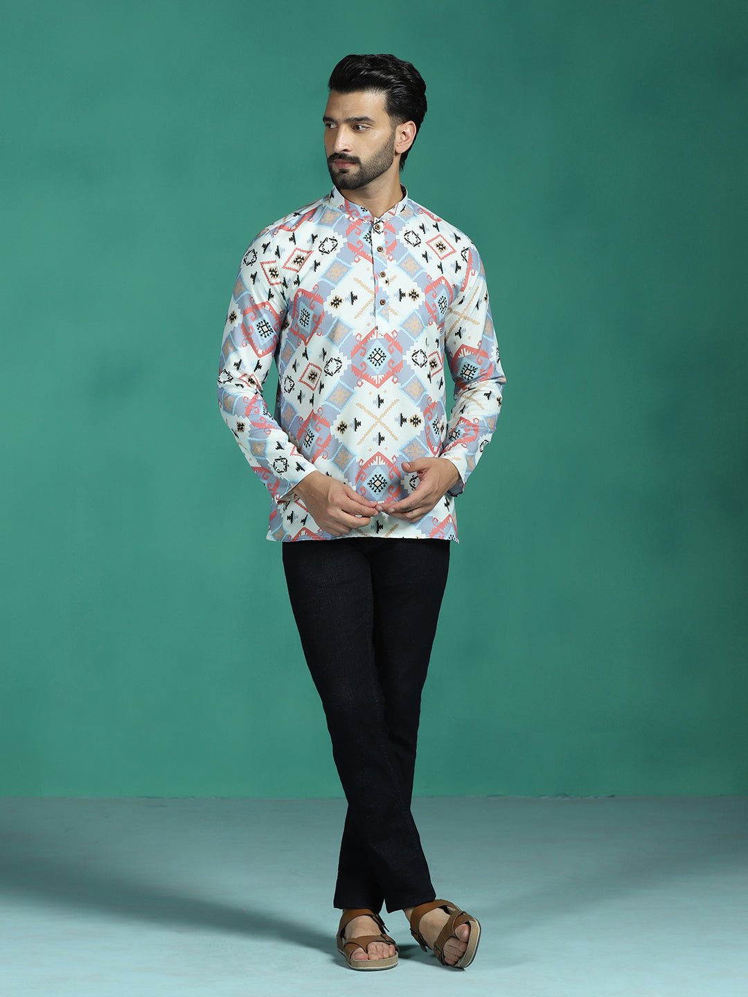 Zavaya White Ethnic Motifs Rayon Short Kurta for Men - Dista