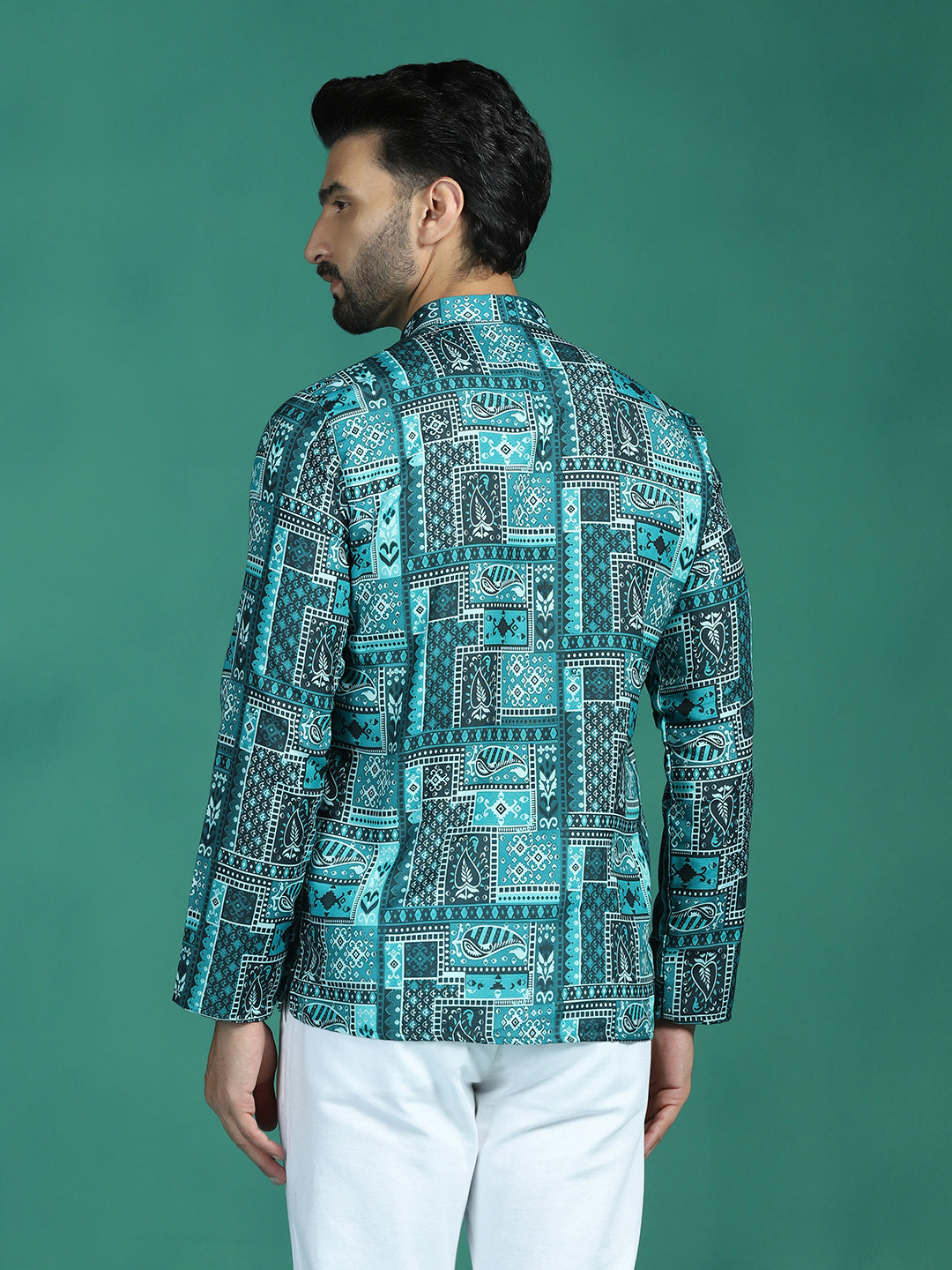 Zavaya Green Geometric Ethnic Print Rayon Short Kurta for Men - Dista