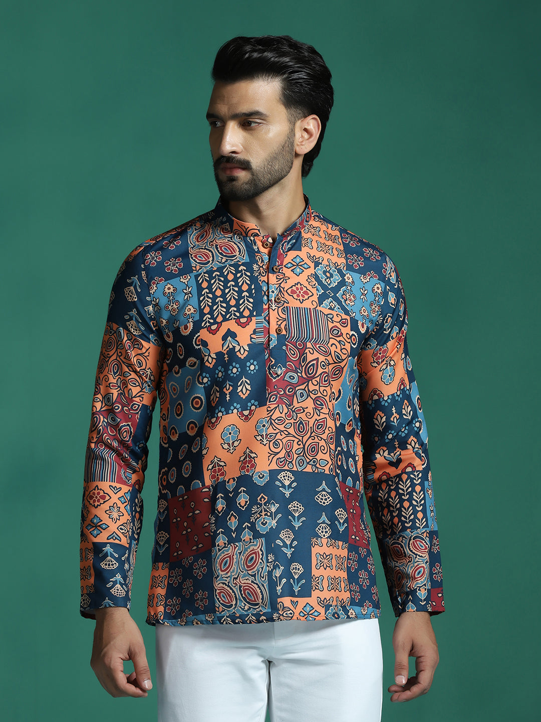 Zavaya Multicolor Floral Rayon Short Kurta for Men - Dista