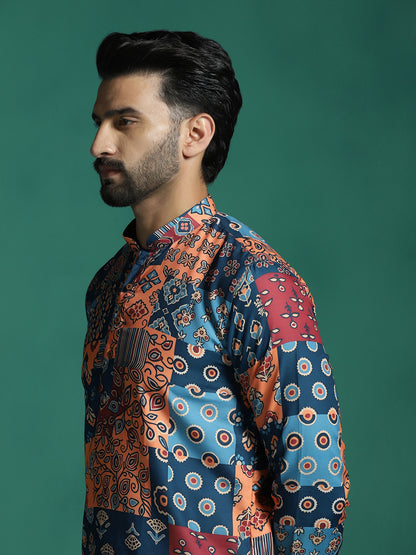 Zavaya Multicolor Floral Rayon Short Kurta for Men - Dista