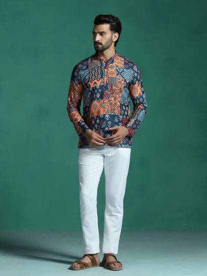 Zavaya Multicolor Floral Rayon Short Kurta for Men - Dista