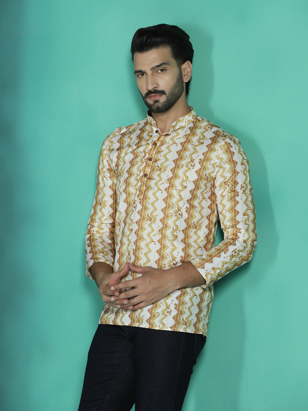 Zavaya Yellow Zigzag Rayon Short Kurta for Men - Dista