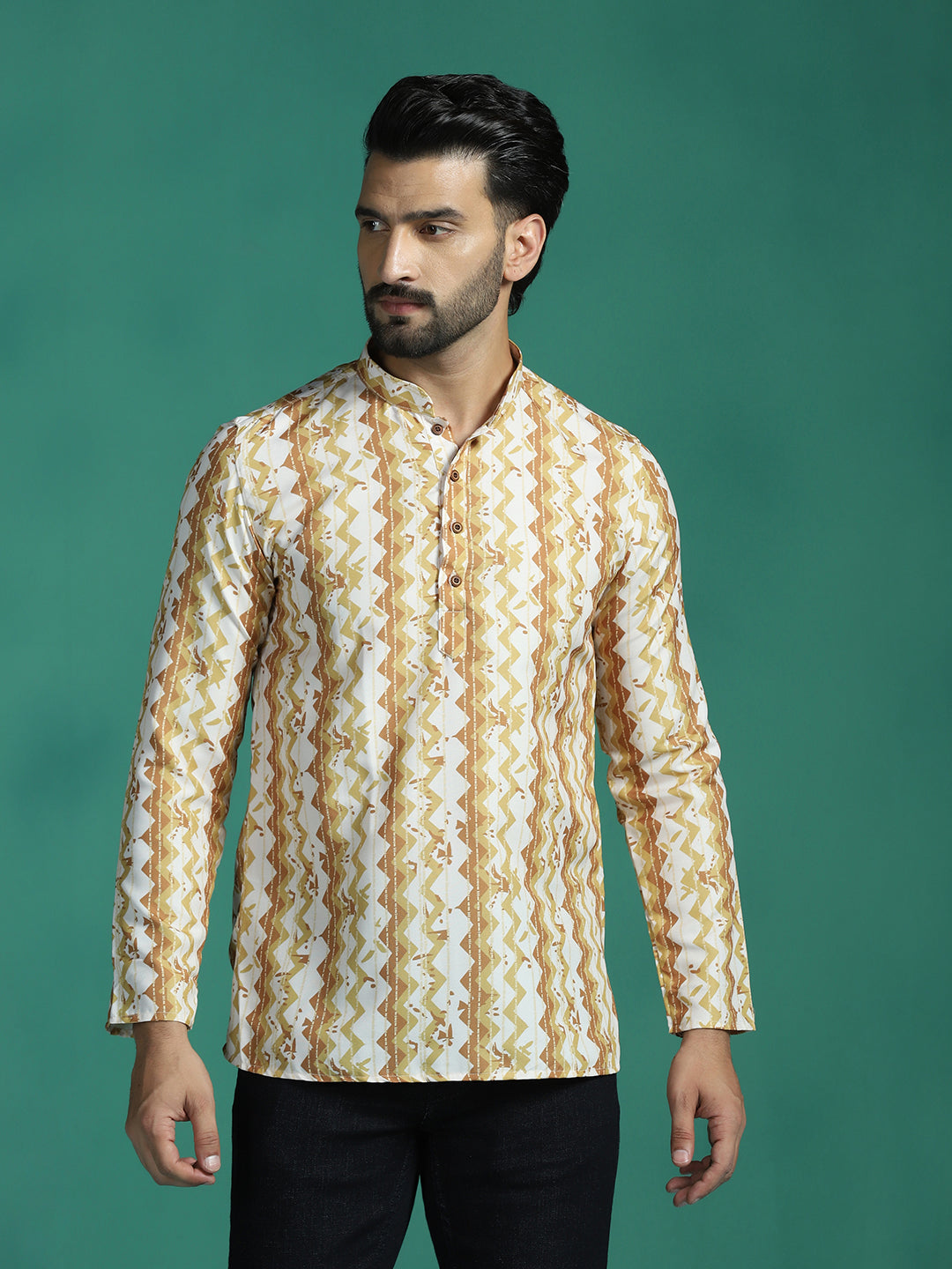 Zavaya Yellow Zigzag Rayon Short Kurta for Men - Dista