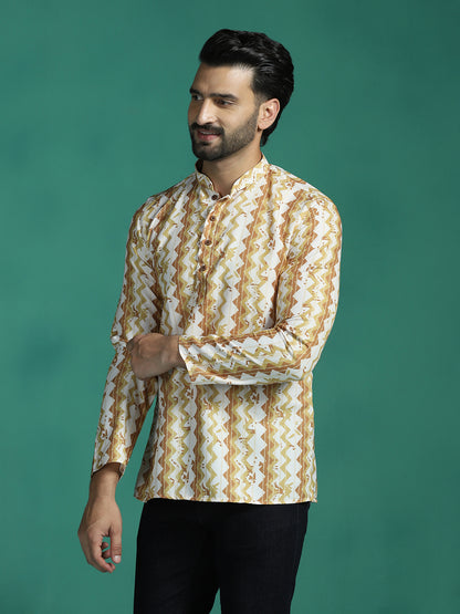 Zavaya Yellow Zigzag Rayon Short Kurta for Men - Dista