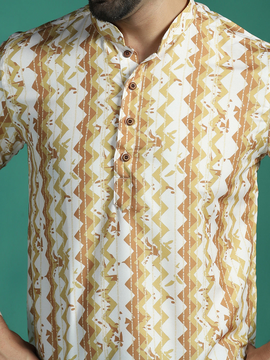 Zavaya Yellow Zigzag Rayon Short Kurta for Men - Dista