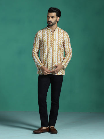 Zavaya Yellow Zigzag Rayon Short Kurta for Men - Dista