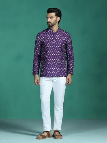 Zavaya Purple Zigzag Rayon Short Kurta for Men - Dista