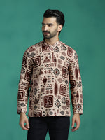 Thumbnail for Zavaya Brown Geometric Rayon Short Kurta for Men