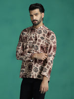 Thumbnail for Zavaya Brown Geometric Rayon Short Kurta for Men