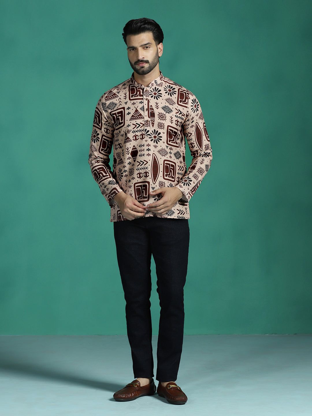 Zavaya Brown Geometric Rayon Short Kurta for Men - Dista