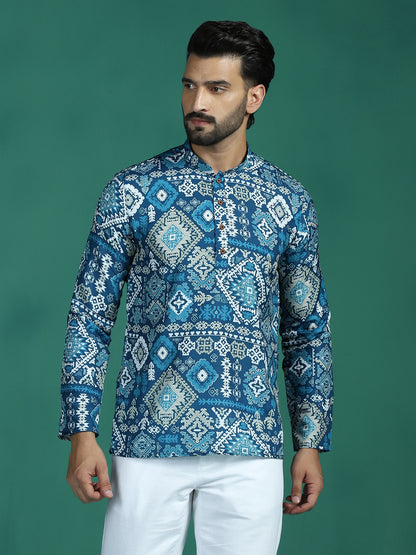 Zavaya Blue Abstract Rayon Short Kurta for Men - Dista