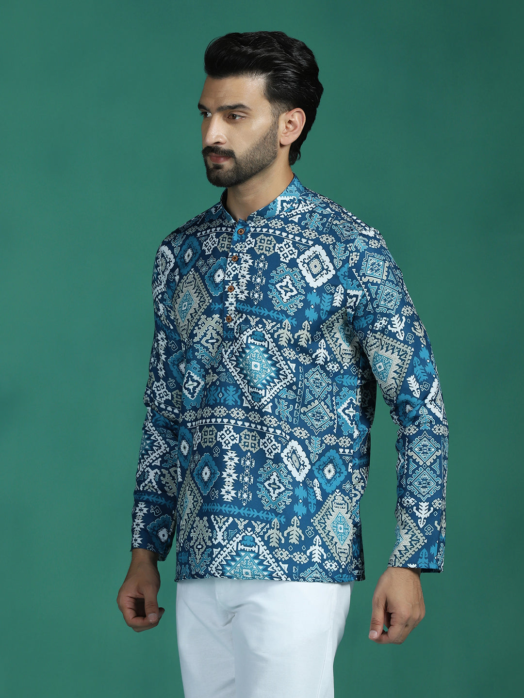Zavaya Blue Abstract Rayon Short Kurta for Men - Dista