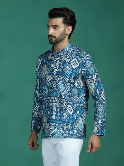 Zavaya Blue Abstract Rayon Short Kurta for Men - Dista