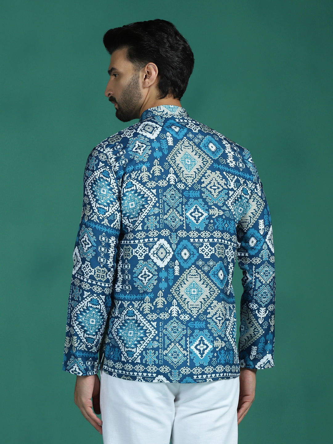 Zavaya Blue Abstract Rayon Short Kurta for Men - Dista