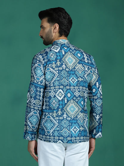 Zavaya Blue Abstract Rayon Short Kurta for Men - Dista