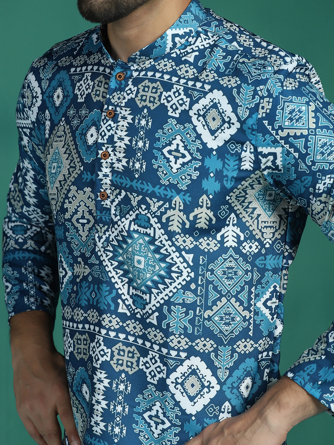 Zavaya Blue Abstract Rayon Short Kurta for Men - Dista