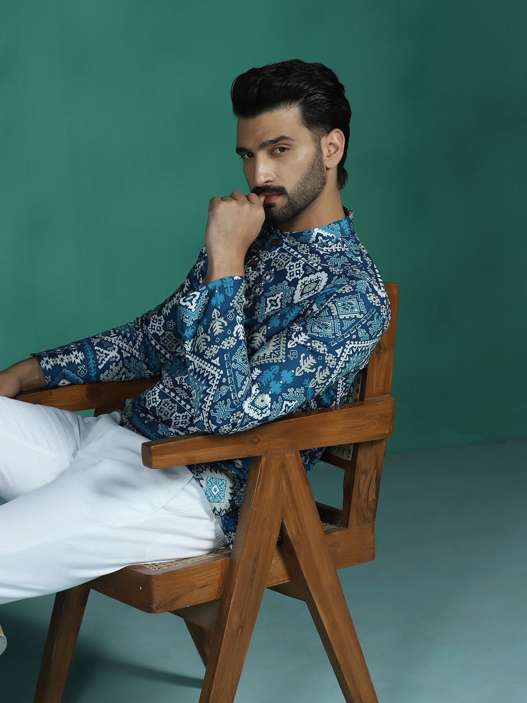 Zavaya Blue Abstract Rayon Short Kurta for Men - Dista