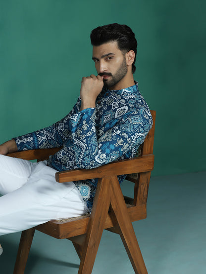 Zavaya Blue Abstract Rayon Short Kurta for Men - Dista