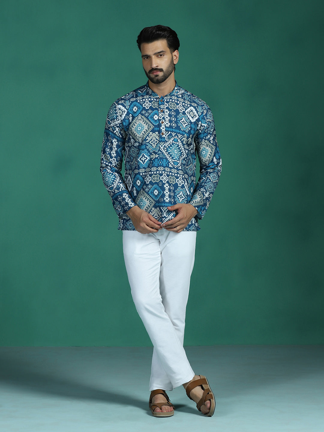 Zavaya Blue Abstract Rayon Short Kurta for Men - Dista