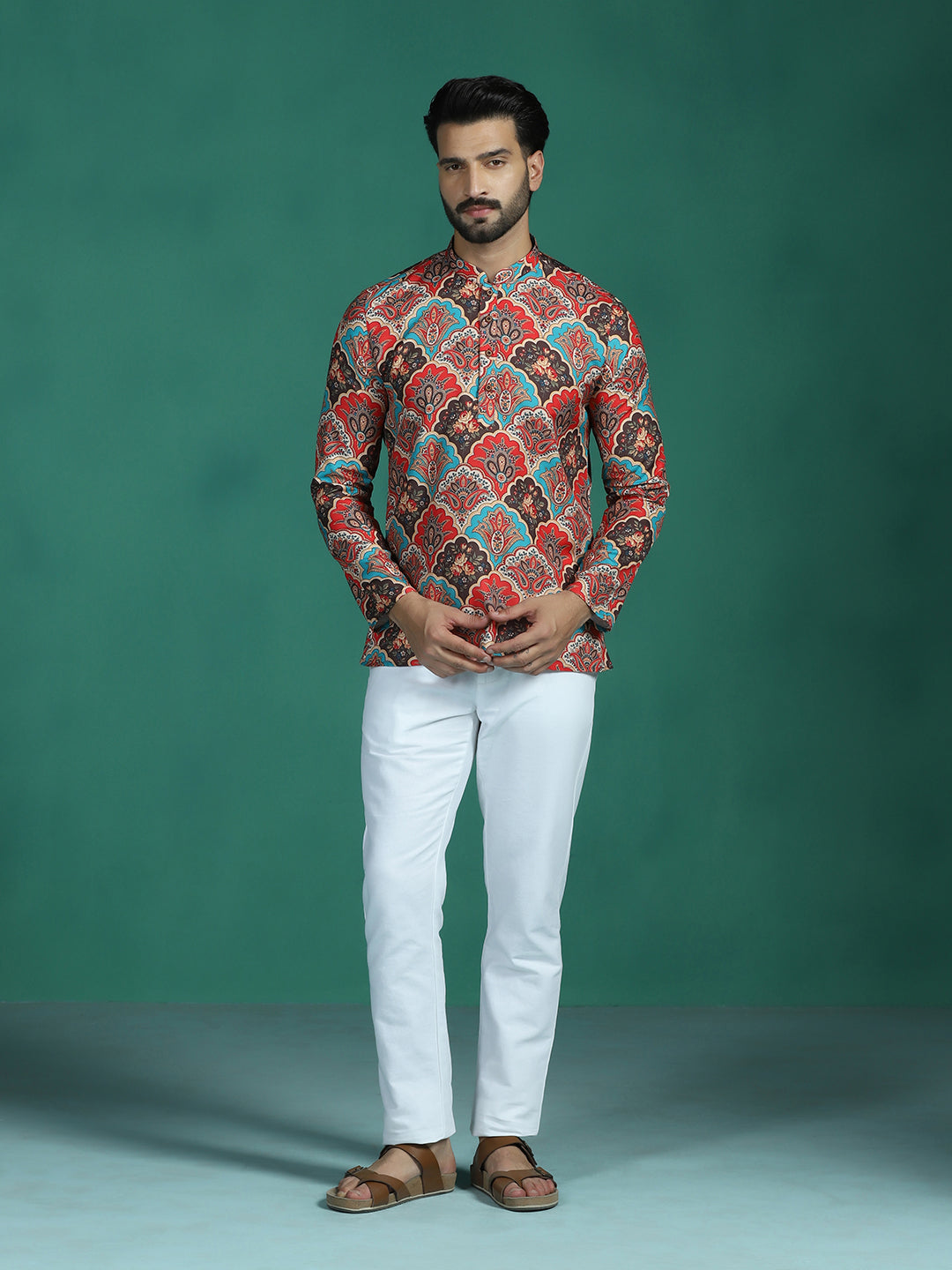 Zavaya Multi Abstract Rayon Short Kurta for Men - Dista