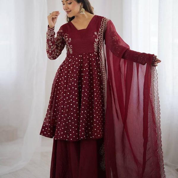 Prazu Fashion Maroon Crunchy Silk Embroidered Designer Sharara Suit